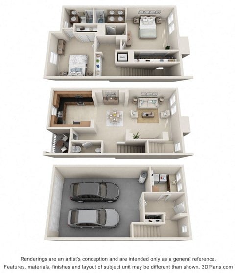 Floor plan for 2 beds, 2.5 baths, 1528 sqft